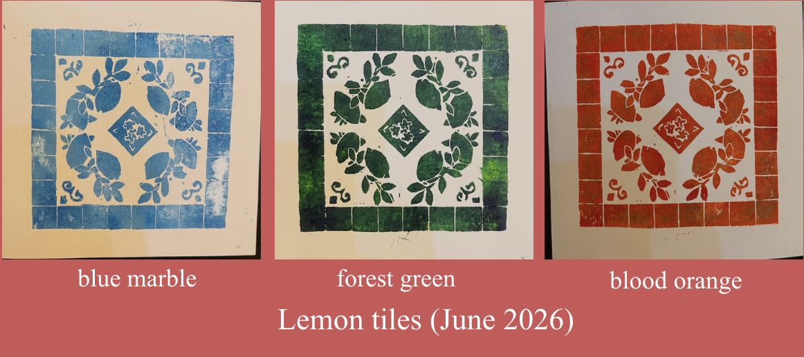 A linocut willow-tree design printed three times in red, green, and blue ink on a light background.